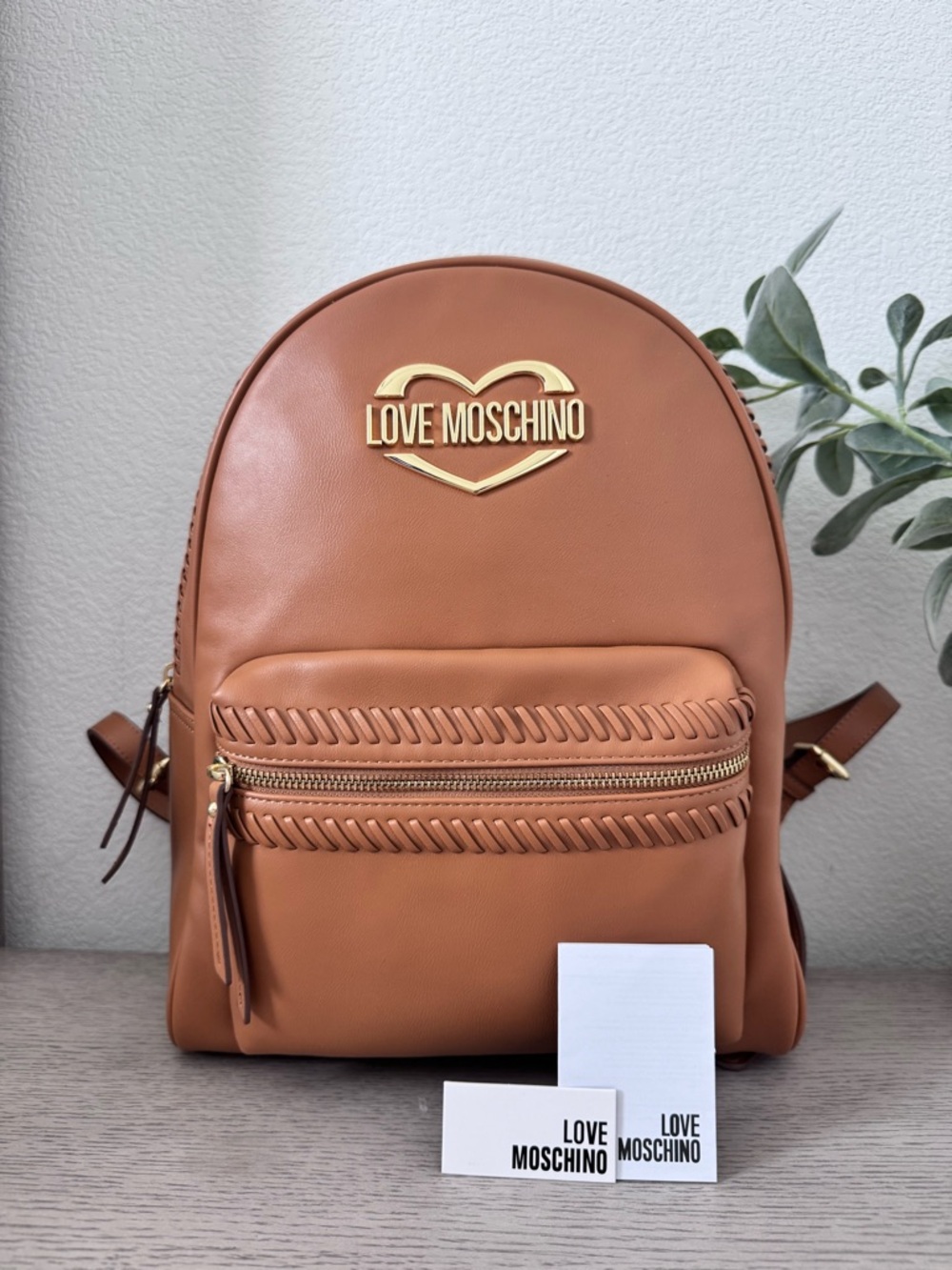 Love Moschino Cinnamon Brown Leatherette Backpack with Gold Logo